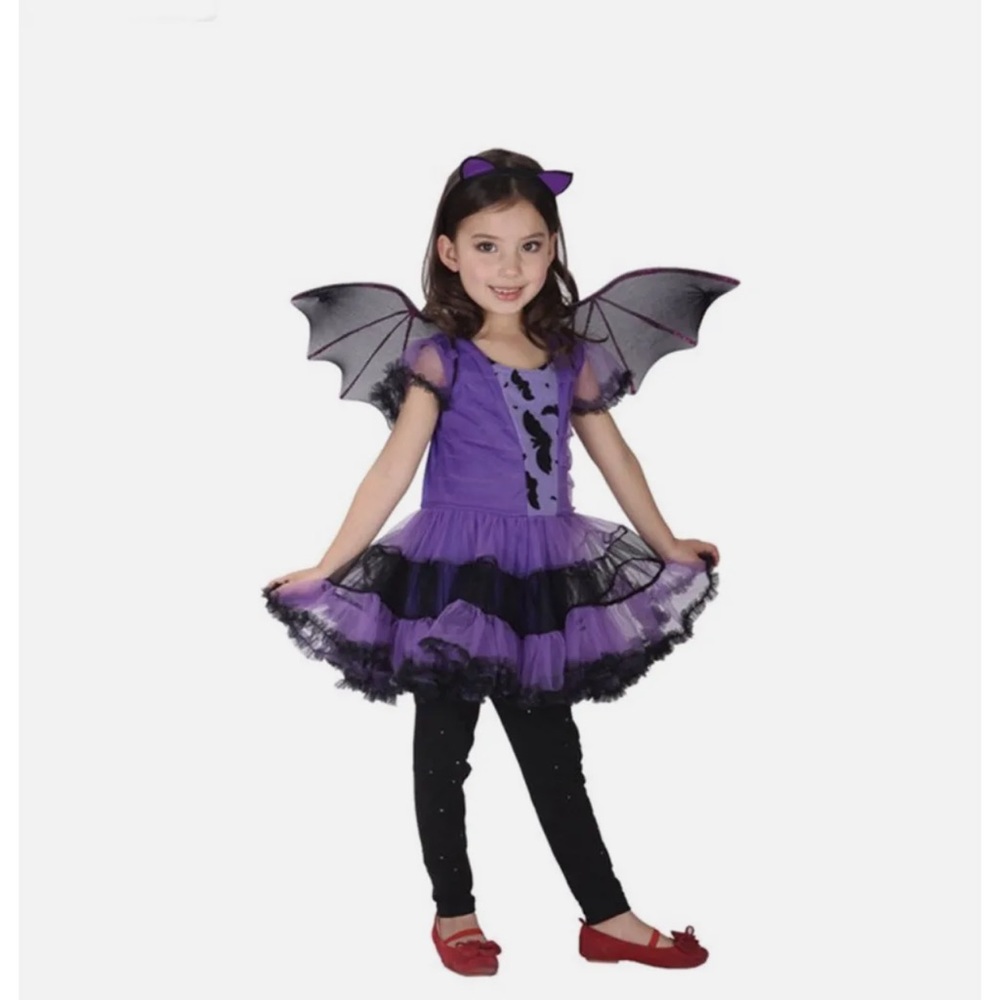 Spooktacular Girls' Purple Bat Costume Set with Dress and Wings, L